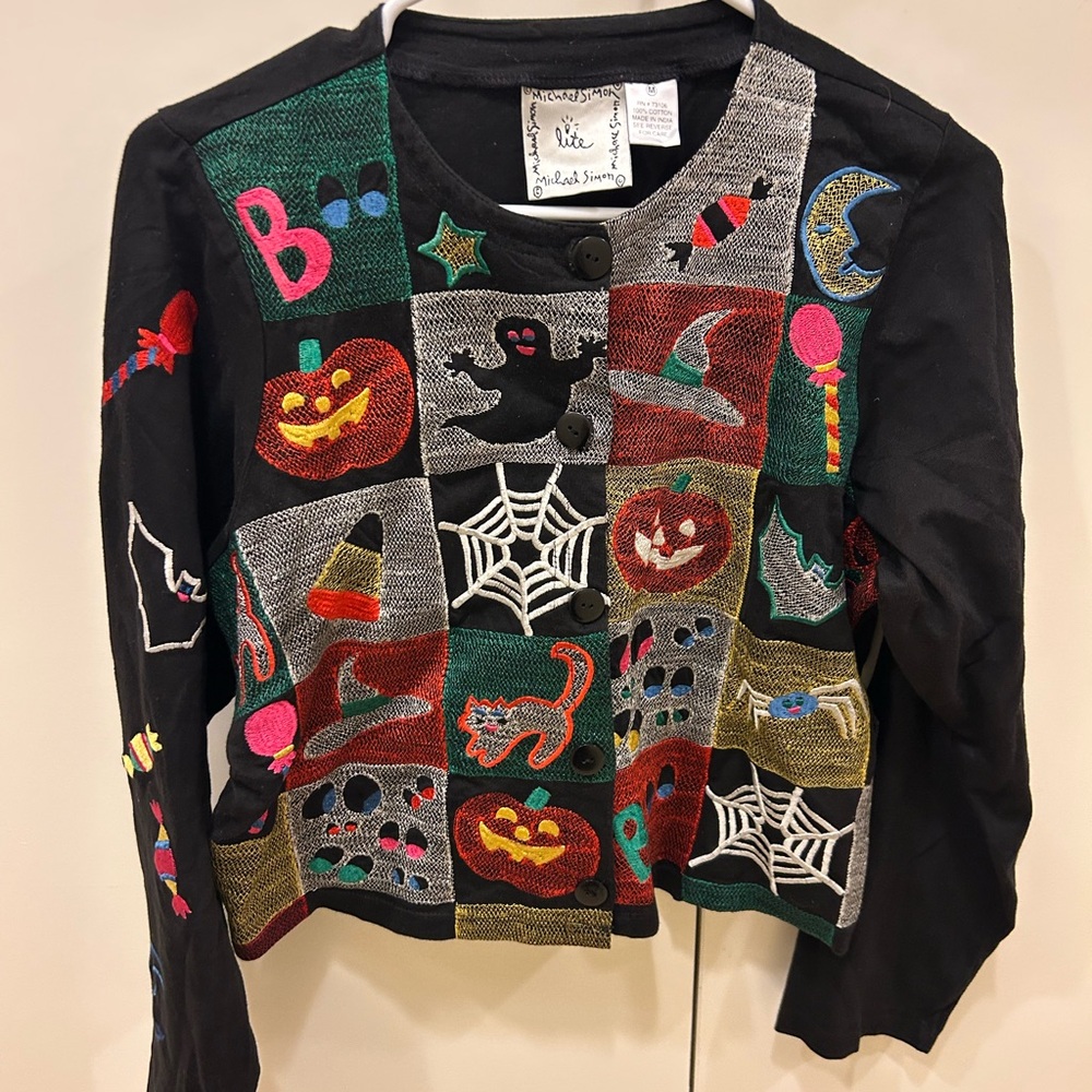 Vintage Michael Simon black Colorful Halloween Patchwork Cardigan top Size M Y2K